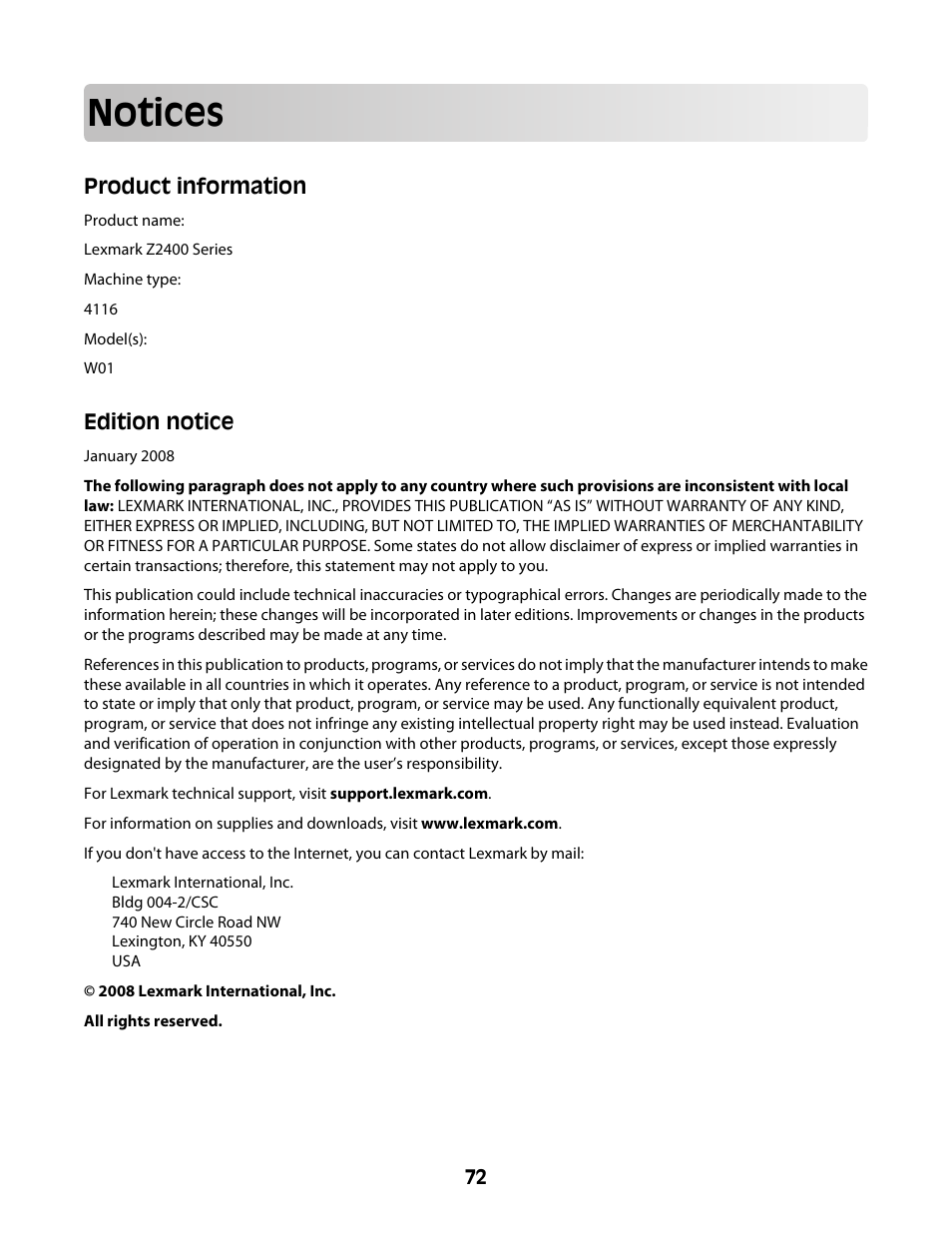 Notices, Product information, Edition notice | Lexmark Z2400 Series User Manual | Page 72 / 87