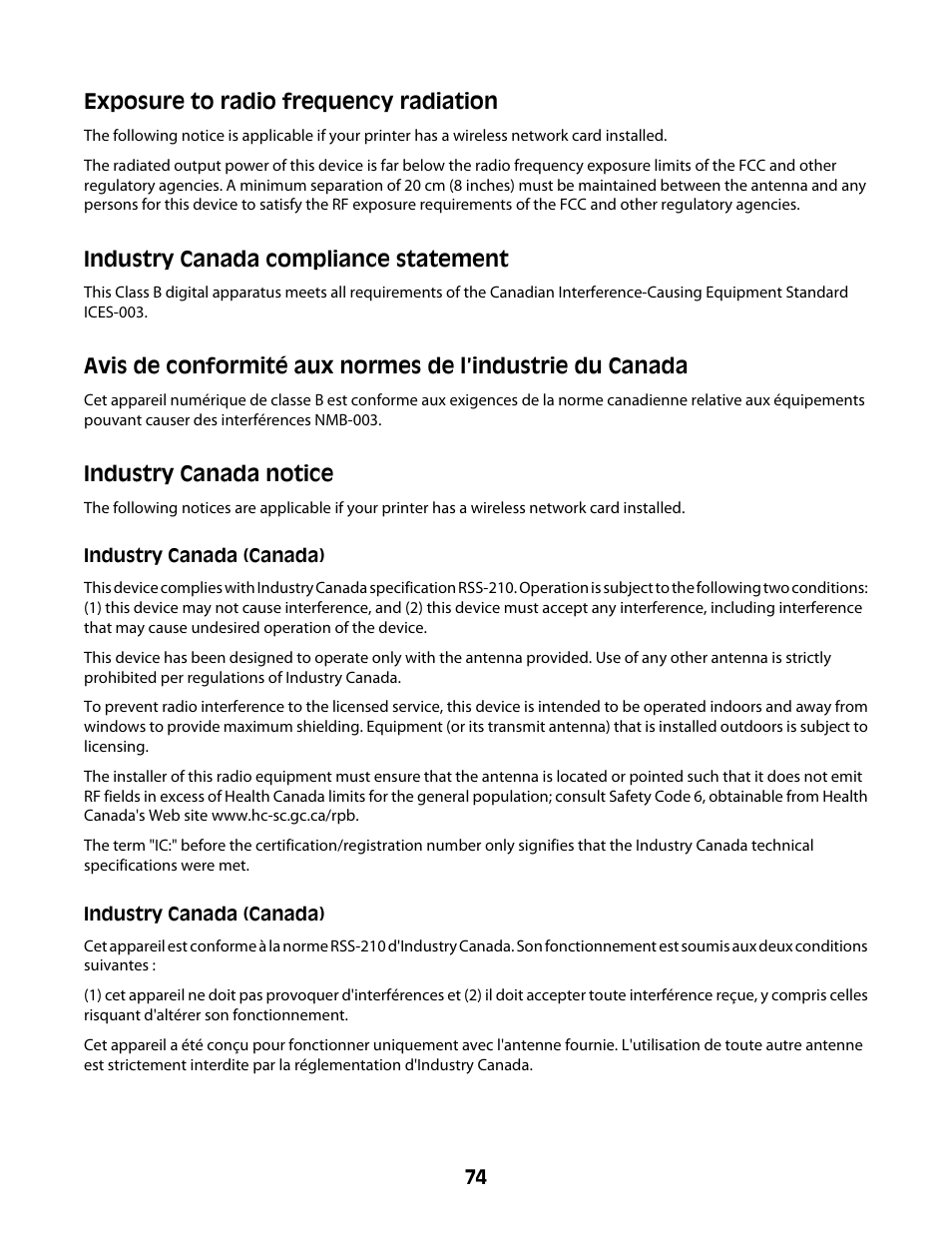 Exposure to radio frequency radiation, Industry canada notice, Industry canada compliance statement | Lexmark Z2400 Series User Manual | Page 74 / 87