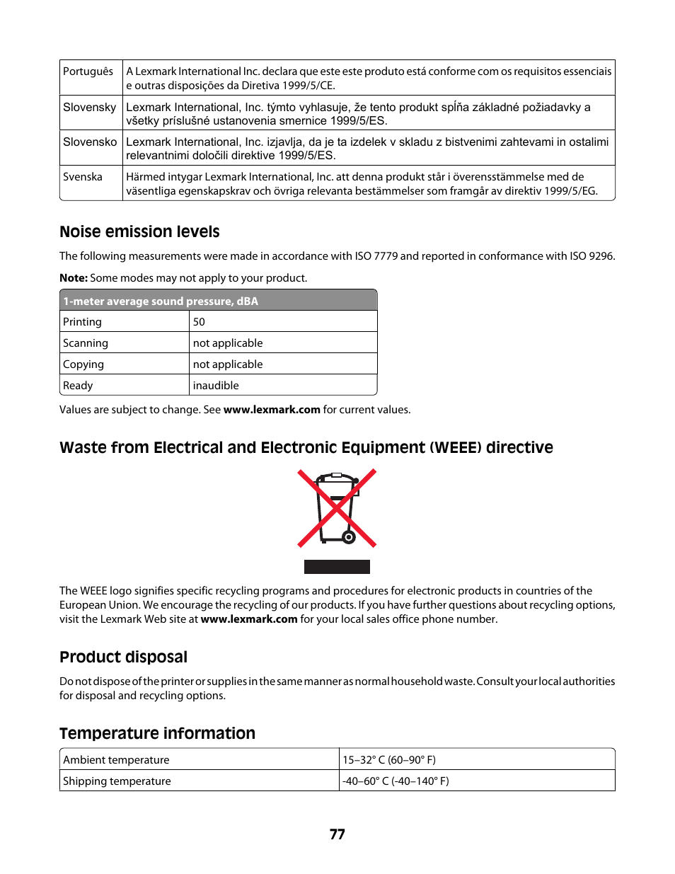 Noise emission levels, Product disposal, Temperature information | Lexmark Z2400 Series User Manual | Page 77 / 87