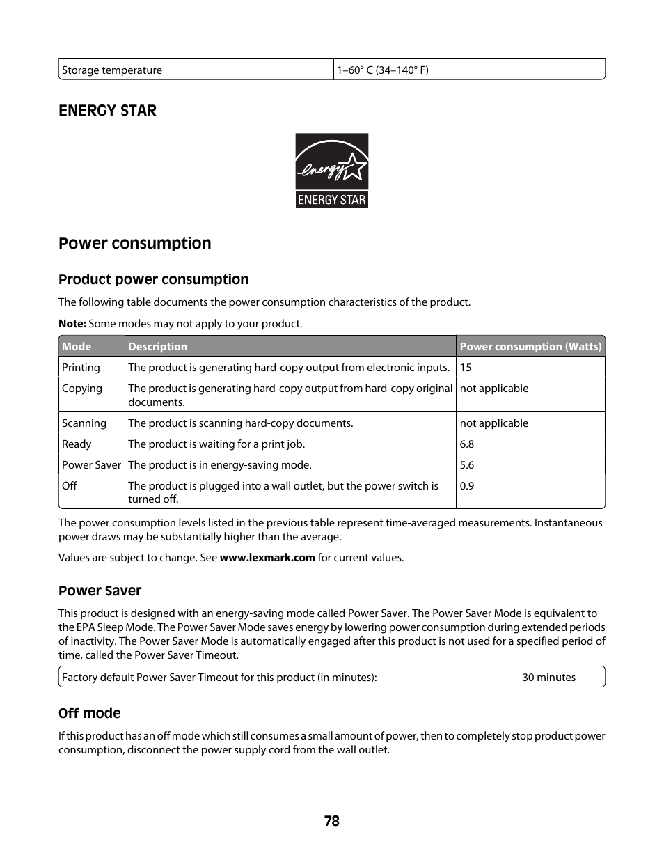 Energy star, Power consumption, Product power consumption | Power saver, Off mode, Energy star power consumption | Lexmark Z2400 Series User Manual | Page 78 / 87