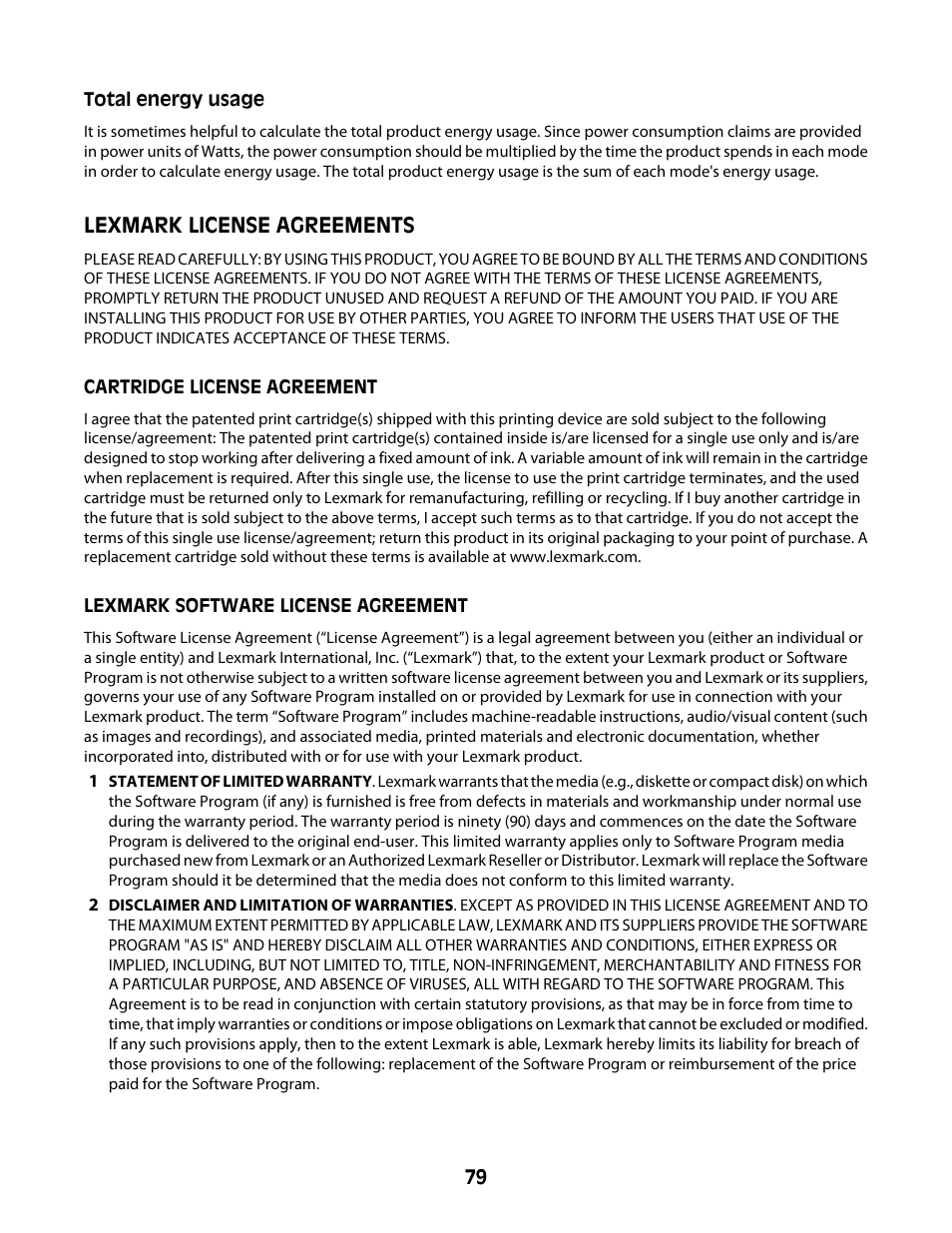 Total energy usage, Lexmark license agreements | Lexmark Z2400 Series User Manual | Page 79 / 87