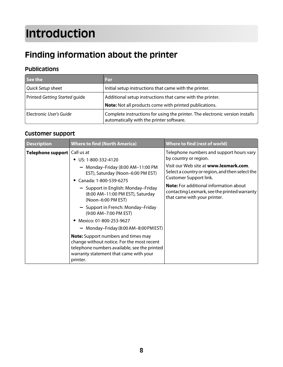 Introduction, Finding information about the printer | Lexmark Z2400 Series User Manual | Page 8 / 87