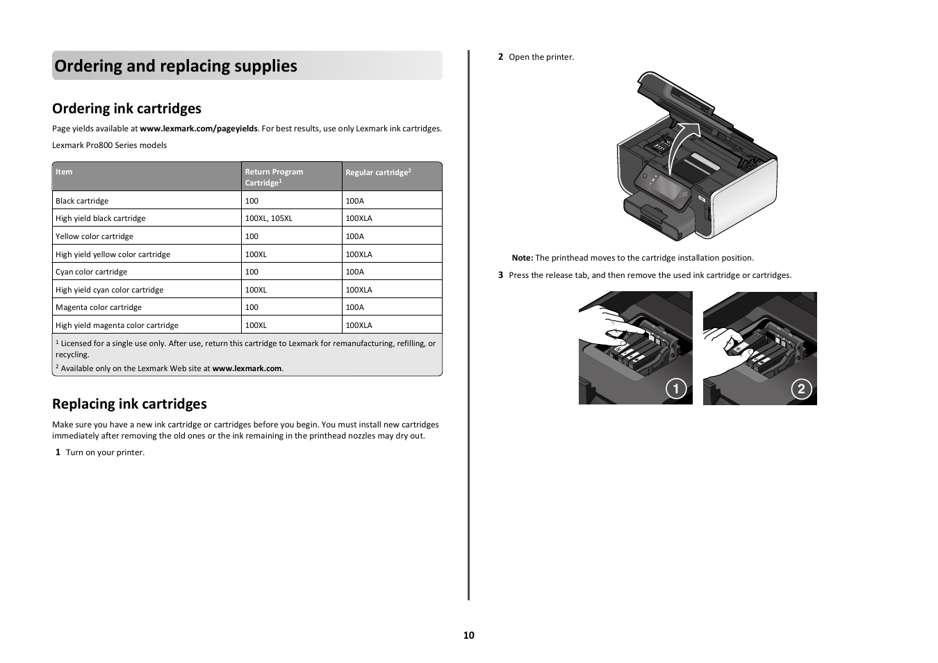 Ordering and replacing supplies, Ordering ink cartridges, Replacing ink cartridges | Lexmark Prestige Pro803 User Manual | Page 10 / 25