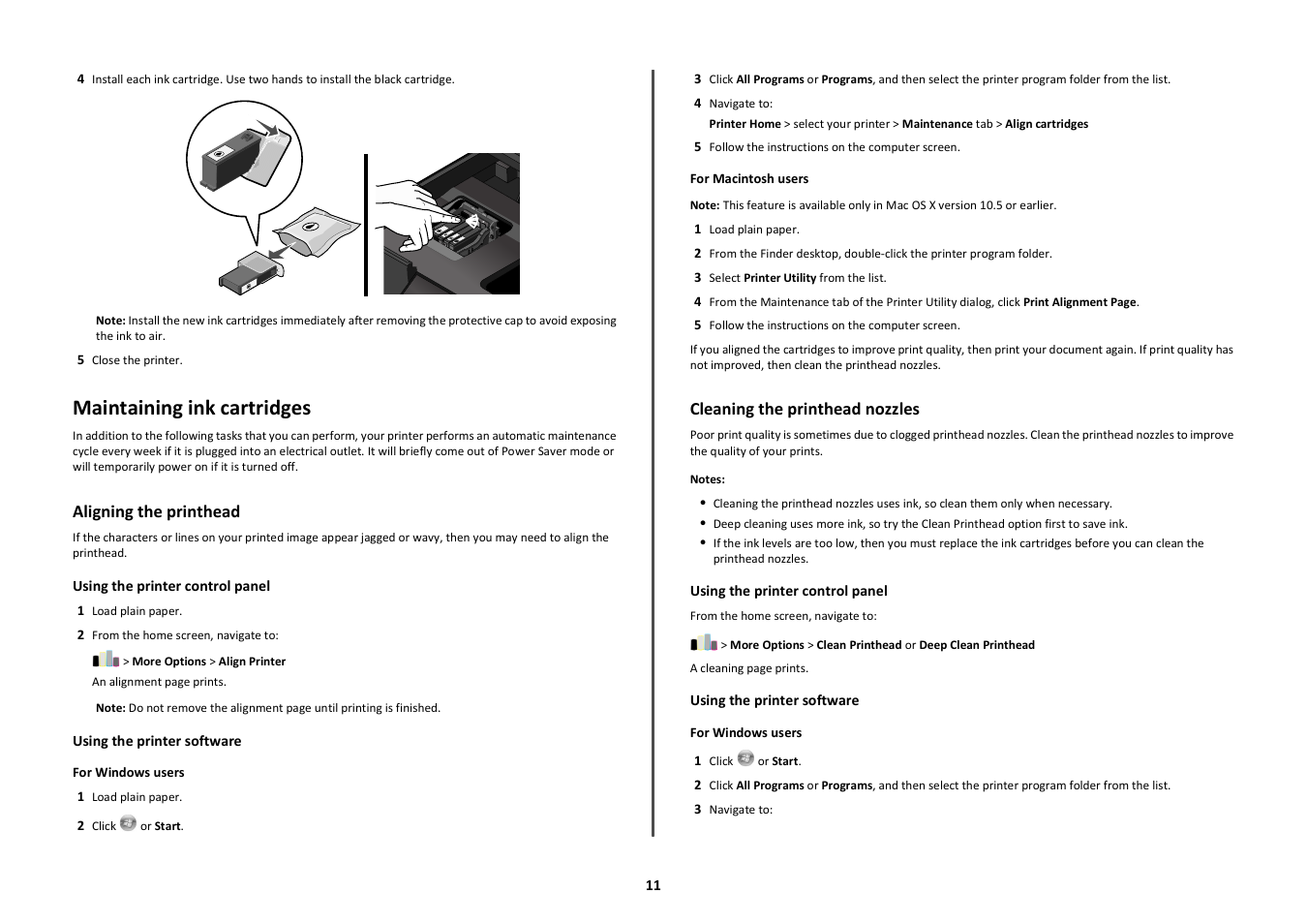 Maintaining ink cartridges, Aligning the printhead, Cleaning the printhead nozzles | Lexmark Prestige Pro803 User Manual | Page 11 / 25