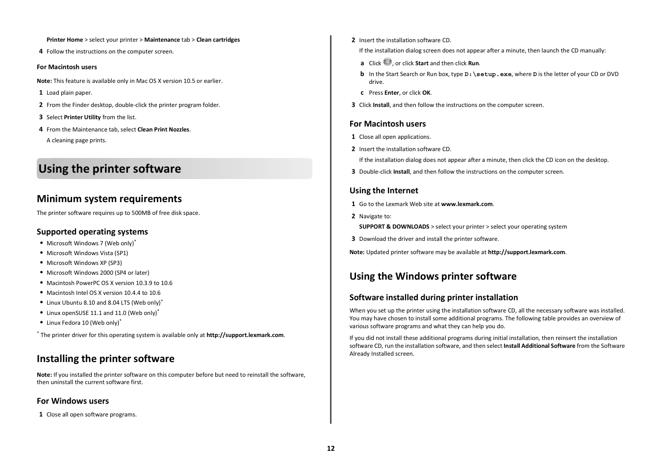 Using the printer software, Minimum system requirements, Installing the printer software | Using the windows printer software | Lexmark Prestige Pro803 User Manual | Page 12 / 25