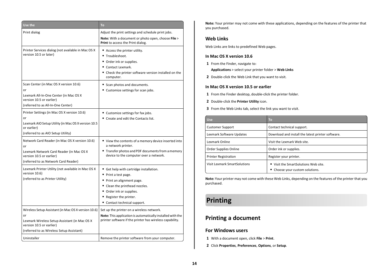 Printing, Printing a document, Web links | For windows users | Lexmark Prestige Pro803 User Manual | Page 14 / 25