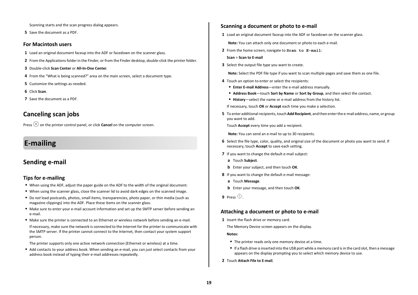 Canceling scan jobs, E-mailing, Sending e-mail | Tips for e-mailing, Scanning a document or photo to e-mail, Attaching a document or photo to e-mail | Lexmark Prestige Pro803 User Manual | Page 19 / 25