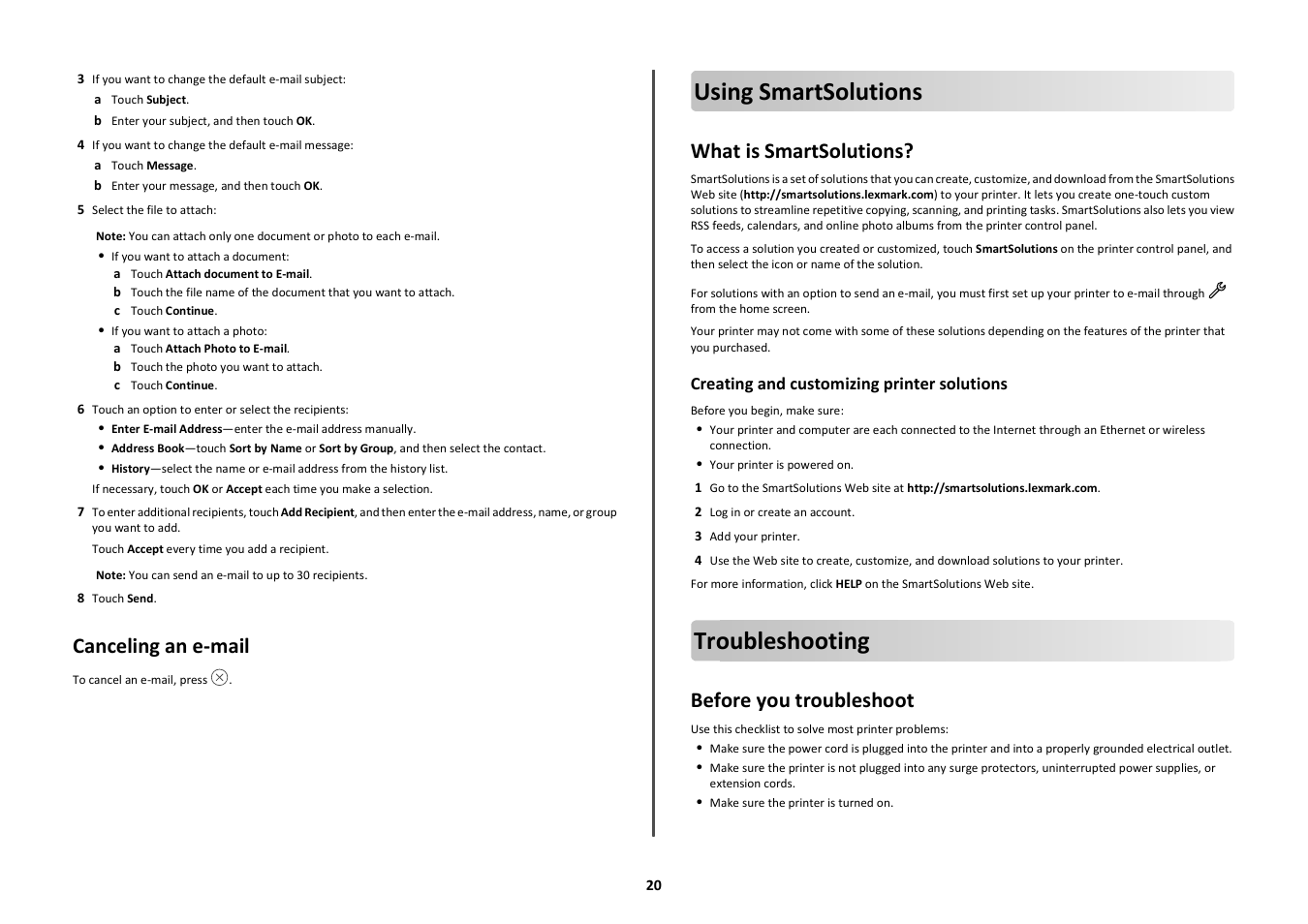 Canceling an e-mail, Using smartsolutions, What is smartsolutions | Troubleshooting, Before you troubleshoot | Lexmark Prestige Pro803 User Manual | Page 20 / 25