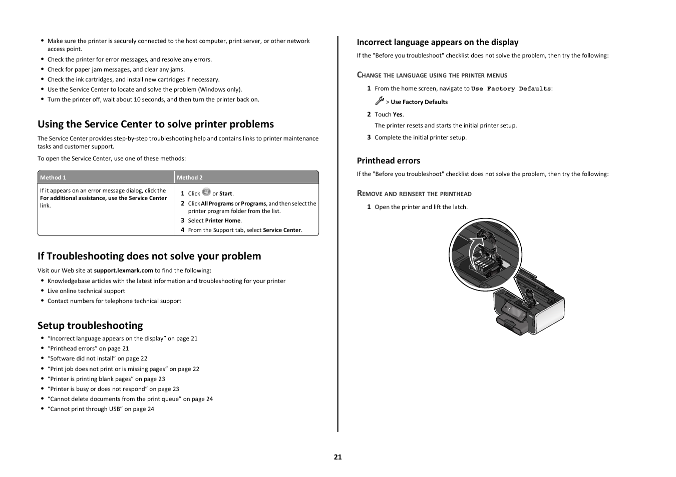 Using the service center to solve printer problems, If troubleshooting does not solve your problem, Setup troubleshooting | Incorrect language appears on the display, Printhead errors | Lexmark Prestige Pro803 User Manual | Page 21 / 25
