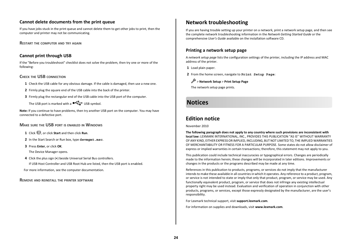 Cannot delete documents from the print queue, Cannot print through usb, Network troubleshooting | Notices, Edition notice | Lexmark Prestige Pro803 User Manual | Page 24 / 25