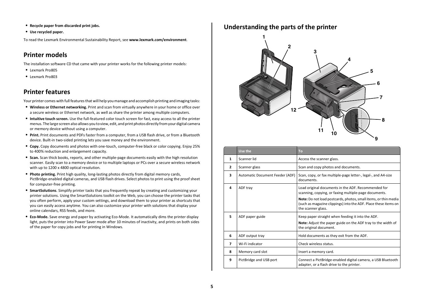 Printer models, Printer features, Understanding the parts of the printer | Lexmark Prestige Pro803 User Manual | Page 5 / 25