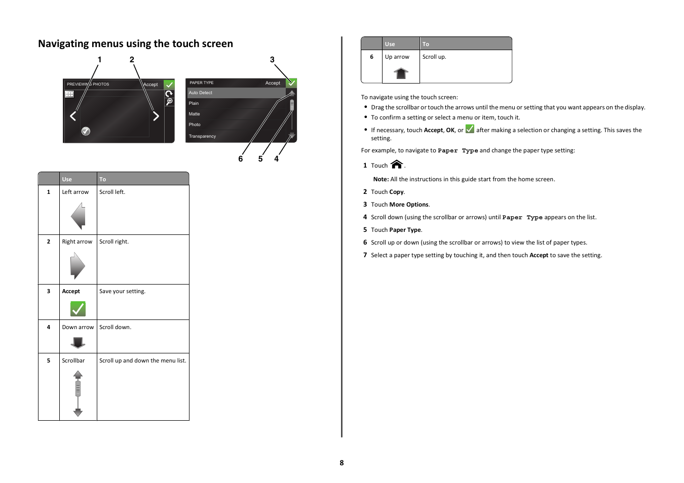 Navigating menus using the touch screen | Lexmark Prestige Pro803 User Manual | Page 8 / 25