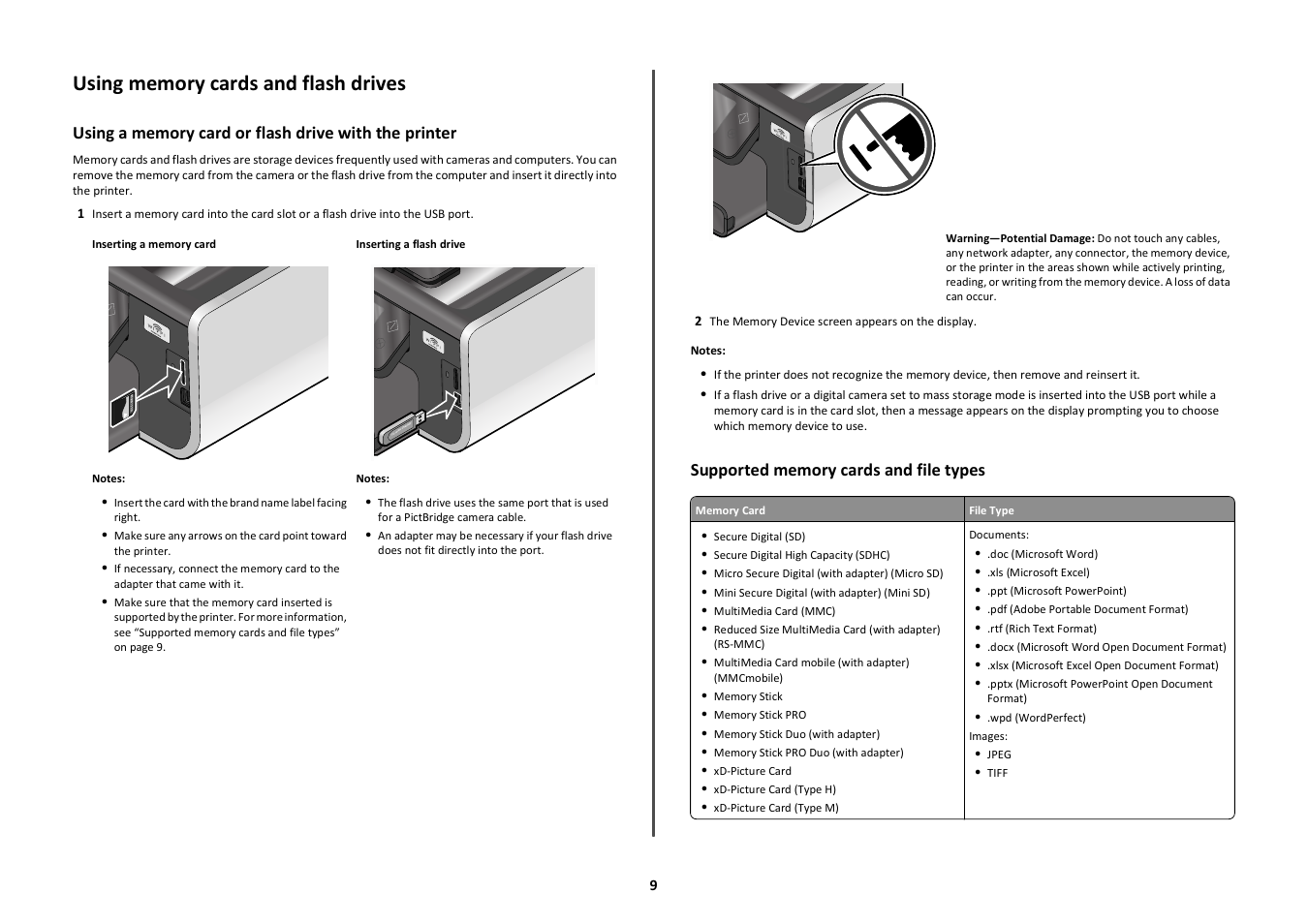 Using memory cards and flash drives, Supported memory cards and file types | Lexmark Prestige Pro803 User Manual | Page 9 / 25