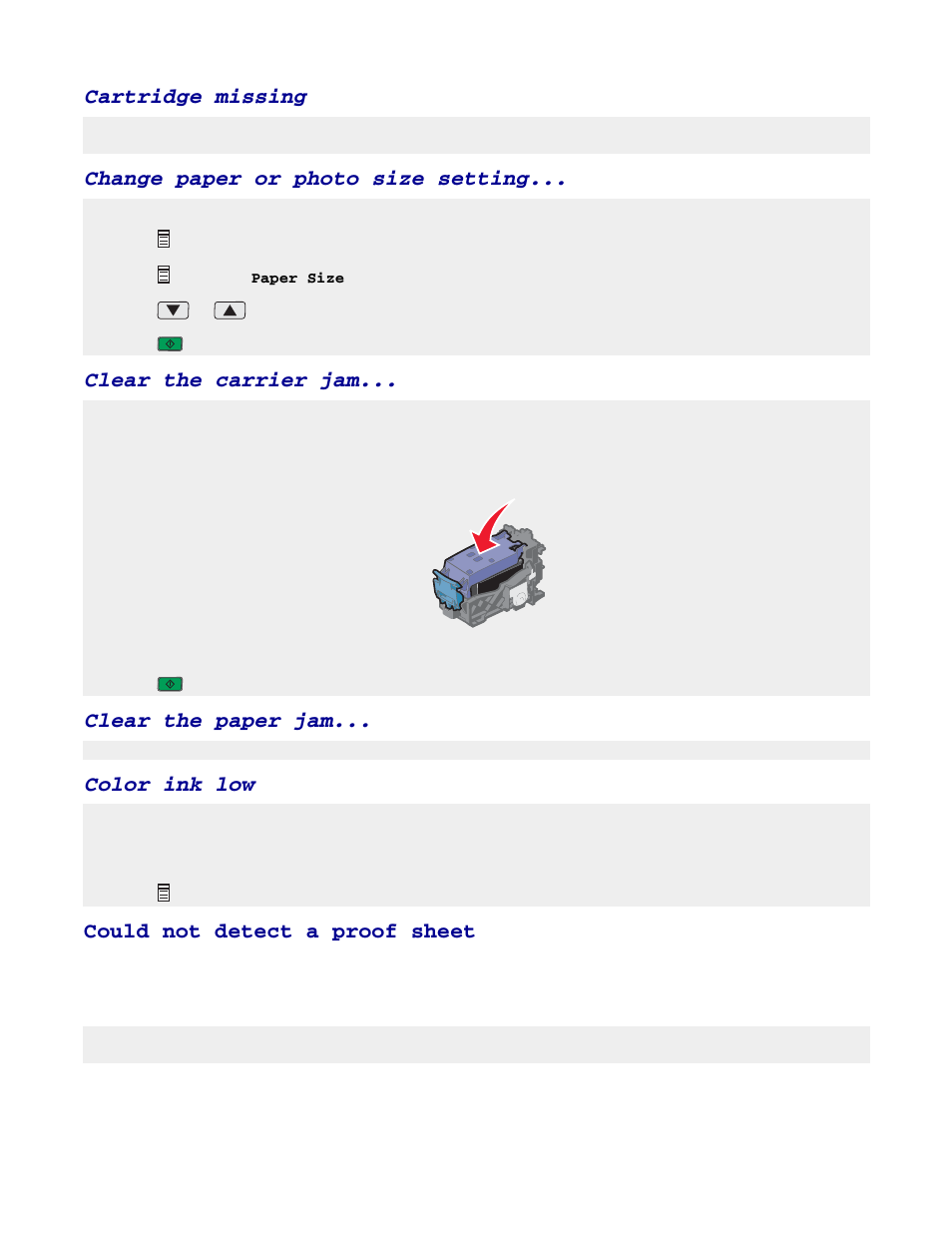 Cartridge missing, Change paper or photo size setting, Clear the carrier jam | Clear the paper jam, Color ink low, Could not detect a proof sheet | Lexmark 3400 Series User Manual | Page 72 / 85