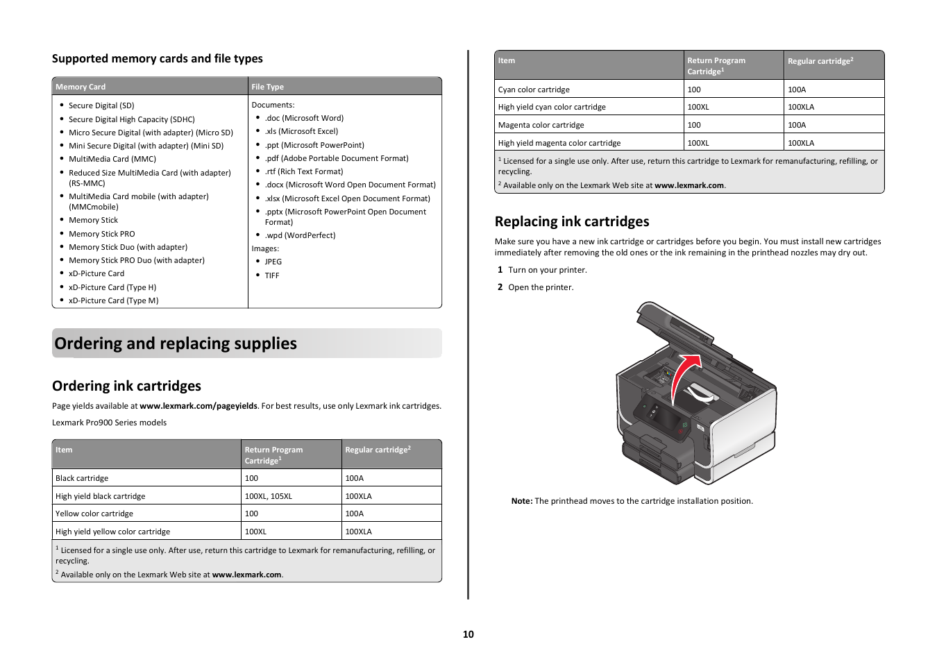 Supported memory cards and file types, Ordering and replacing supplies, Ordering ink cartridges | Replacing ink cartridges | Lexmark Platinum Pro900 User Manual | Page 10 / 27