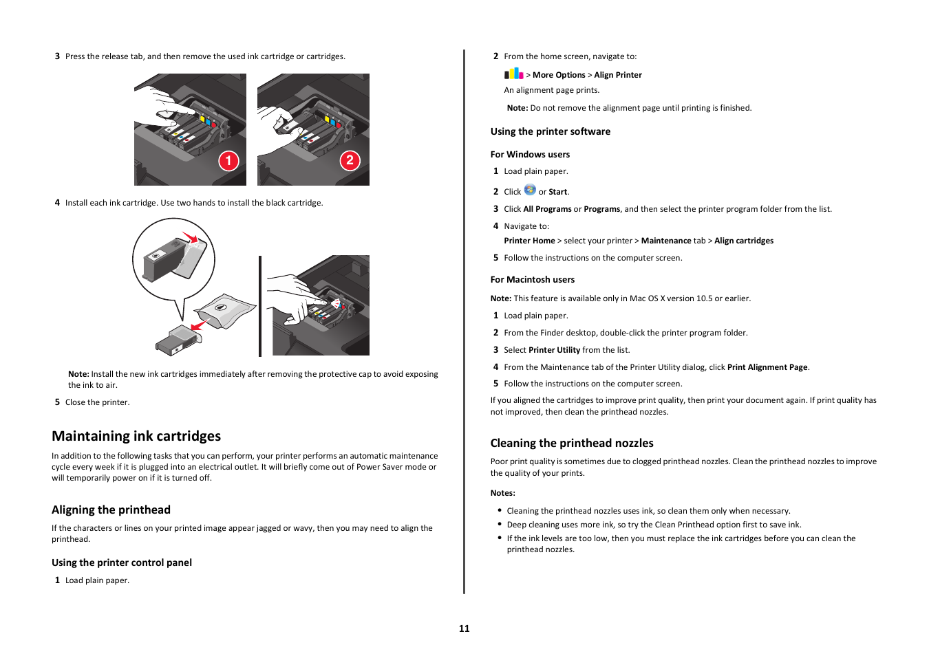 Maintaining ink cartridges, Aligning the printhead, Cleaning the printhead nozzles | Lexmark Platinum Pro900 User Manual | Page 11 / 27