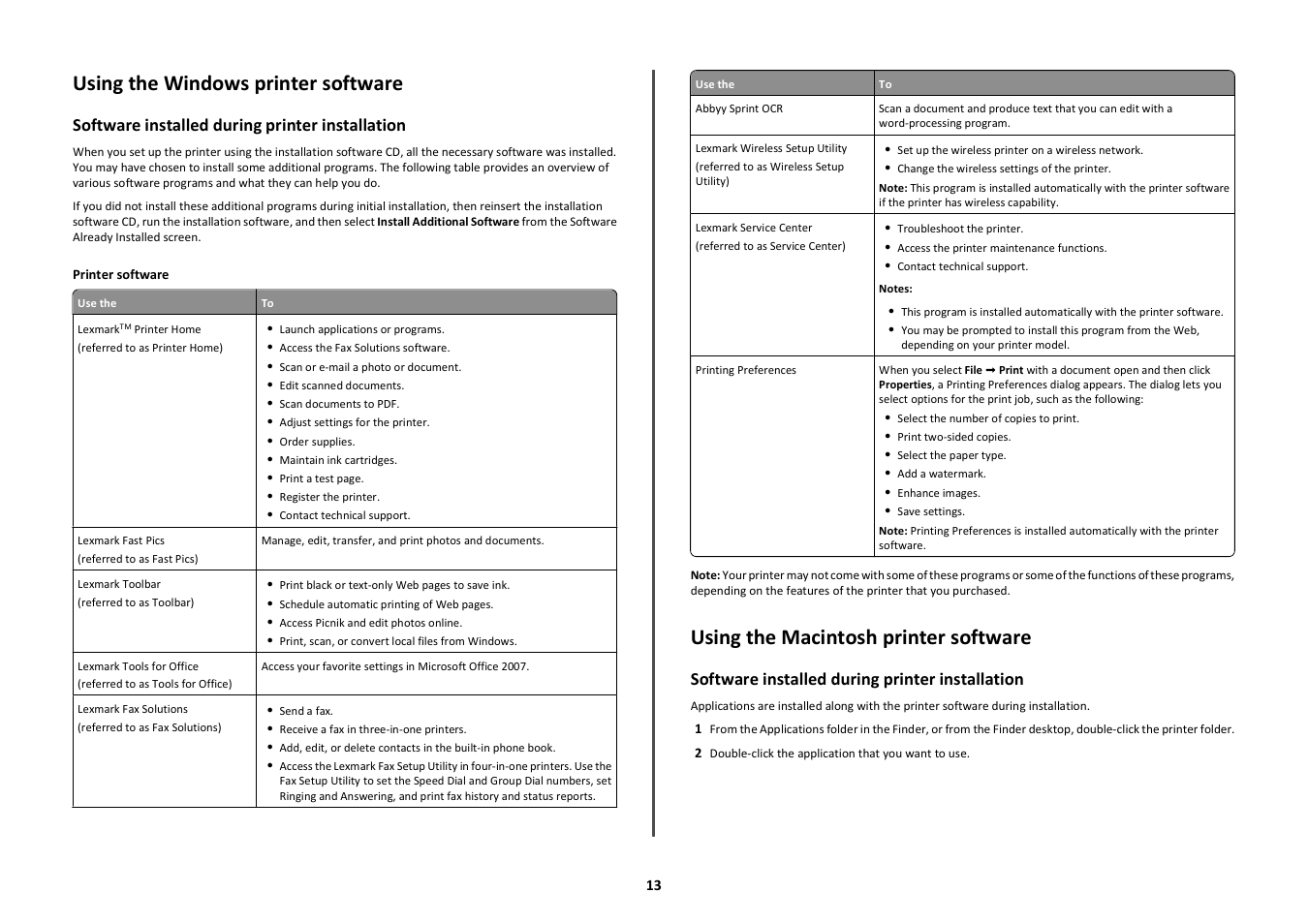Using the windows printer software, Using the macintosh printer software, Software installed during printer installation | Lexmark Platinum Pro900 User Manual | Page 13 / 27