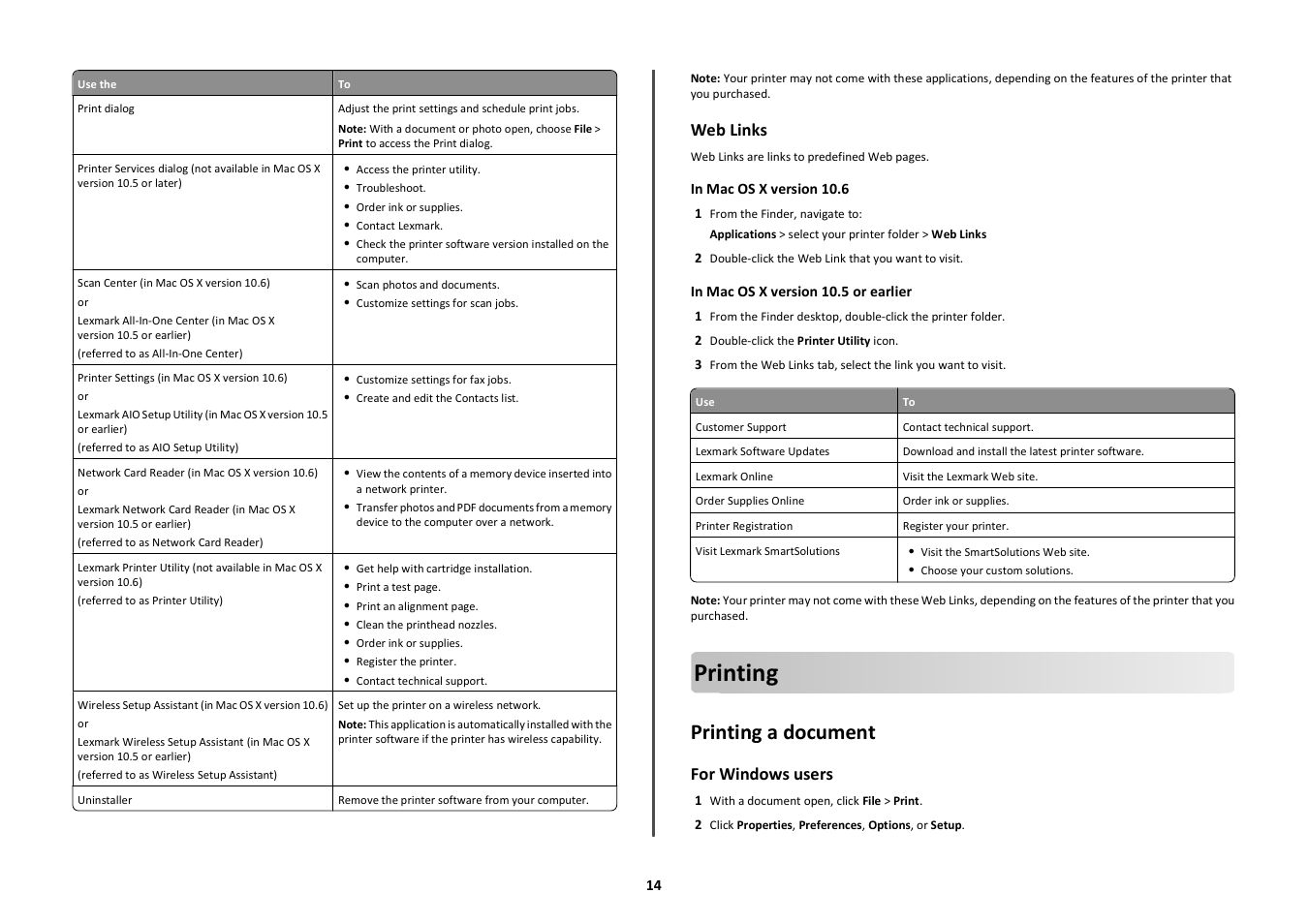 Printing, Printing a document, Web links | For windows users | Lexmark Platinum Pro900 User Manual | Page 14 / 27