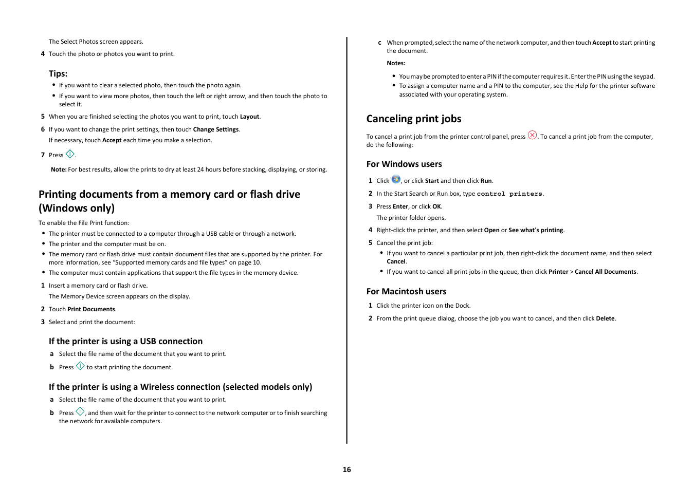 Canceling print jobs | Lexmark Platinum Pro900 User Manual | Page 16 / 27
