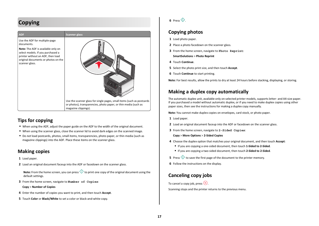 Copying, Tips for copying, Making copies | Copying photos, Making a duplex copy automatically, Canceling copy jobs | Lexmark Platinum Pro900 User Manual | Page 17 / 27