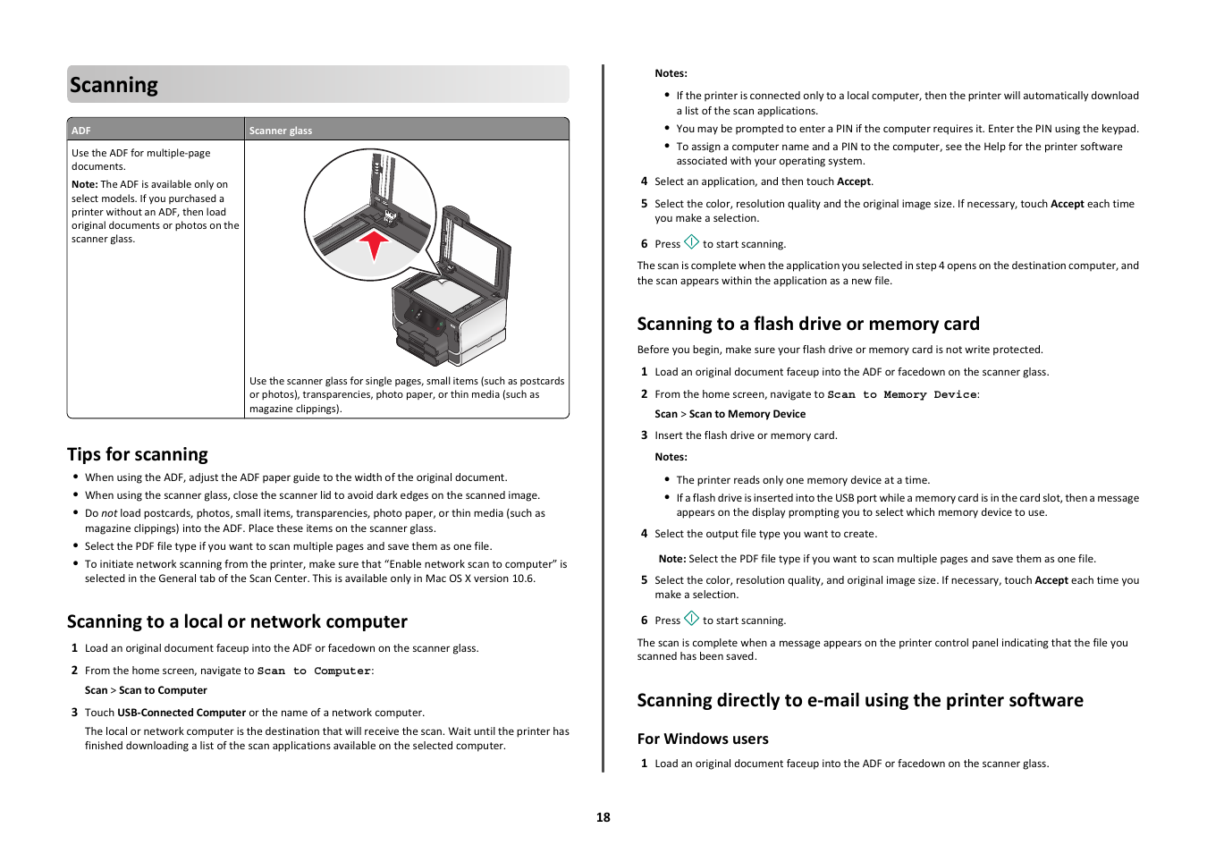 Scanning, Tips for scanning, Scanning to a local or network computer | Scanning to a flash drive or memory card | Lexmark Platinum Pro900 User Manual | Page 18 / 27
