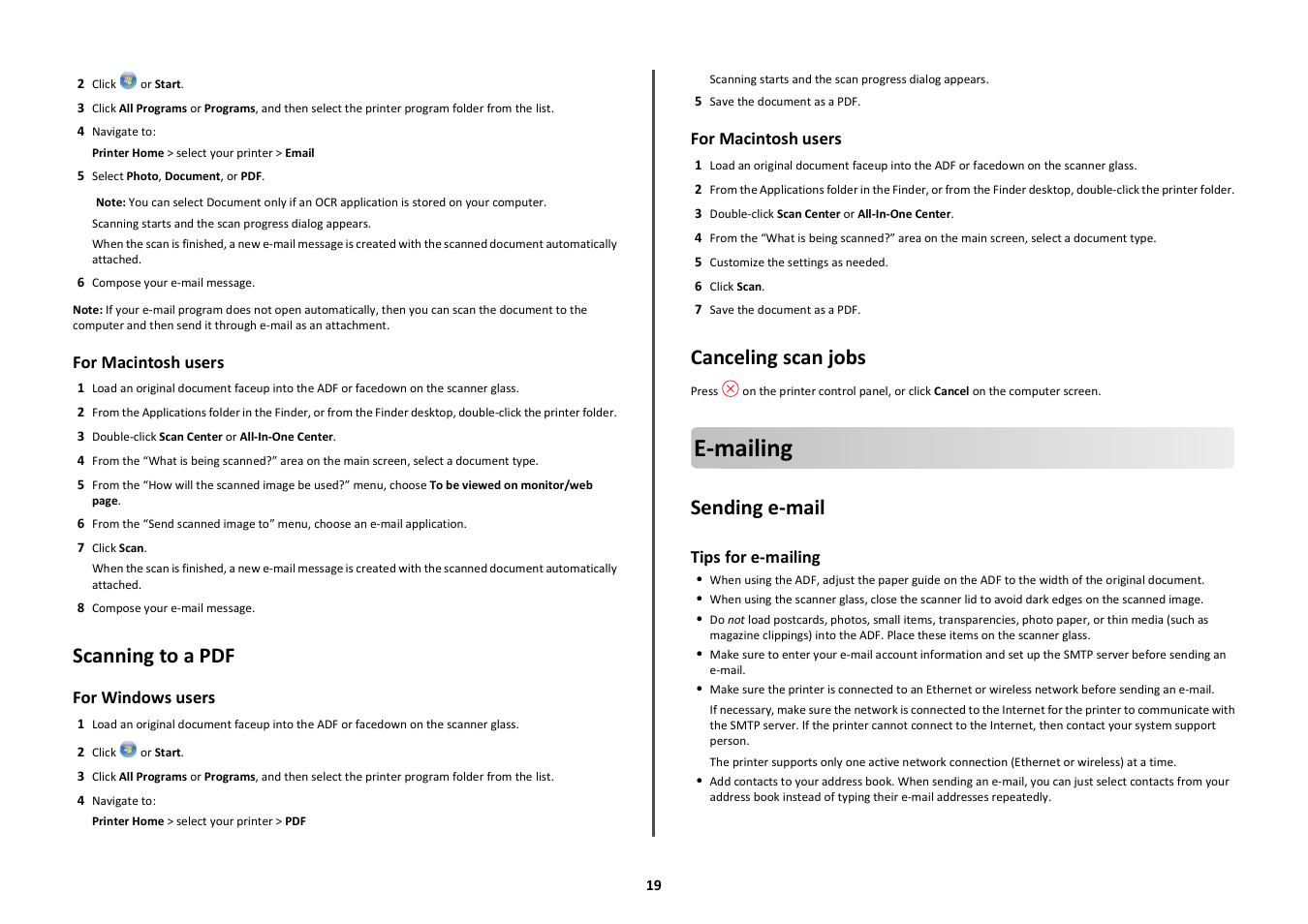 Scanning to a pdf, Canceling scan jobs, E-mailing | Sending e-mail, Tips for e-mailing | Lexmark Platinum Pro900 User Manual | Page 19 / 27