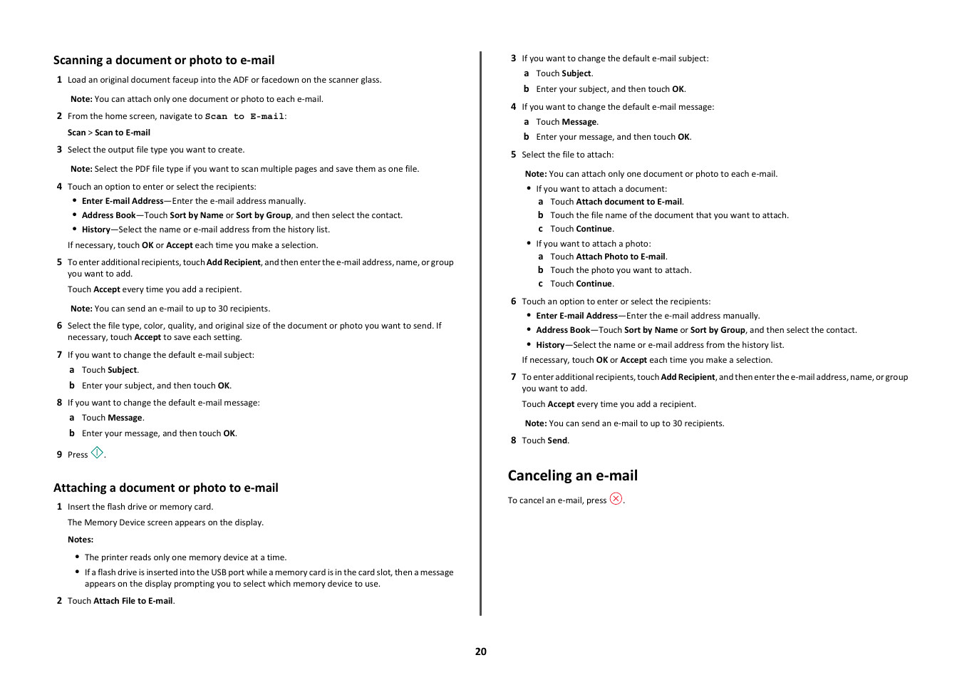 Scanning a document or photo to e-mail, Attaching a document or photo to e-mail, Canceling an e-mail | Lexmark Platinum Pro900 User Manual | Page 20 / 27