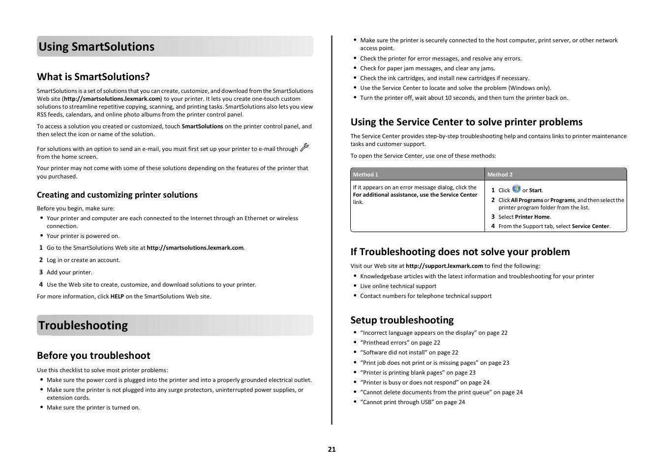 Using smartsolutions, What is smartsolutions, Troubleshooting | Before you troubleshoot, Using the service center to solve printer problems, If troubleshooting does not solve your problem, Setup troubleshooting | Lexmark Platinum Pro900 User Manual | Page 21 / 27