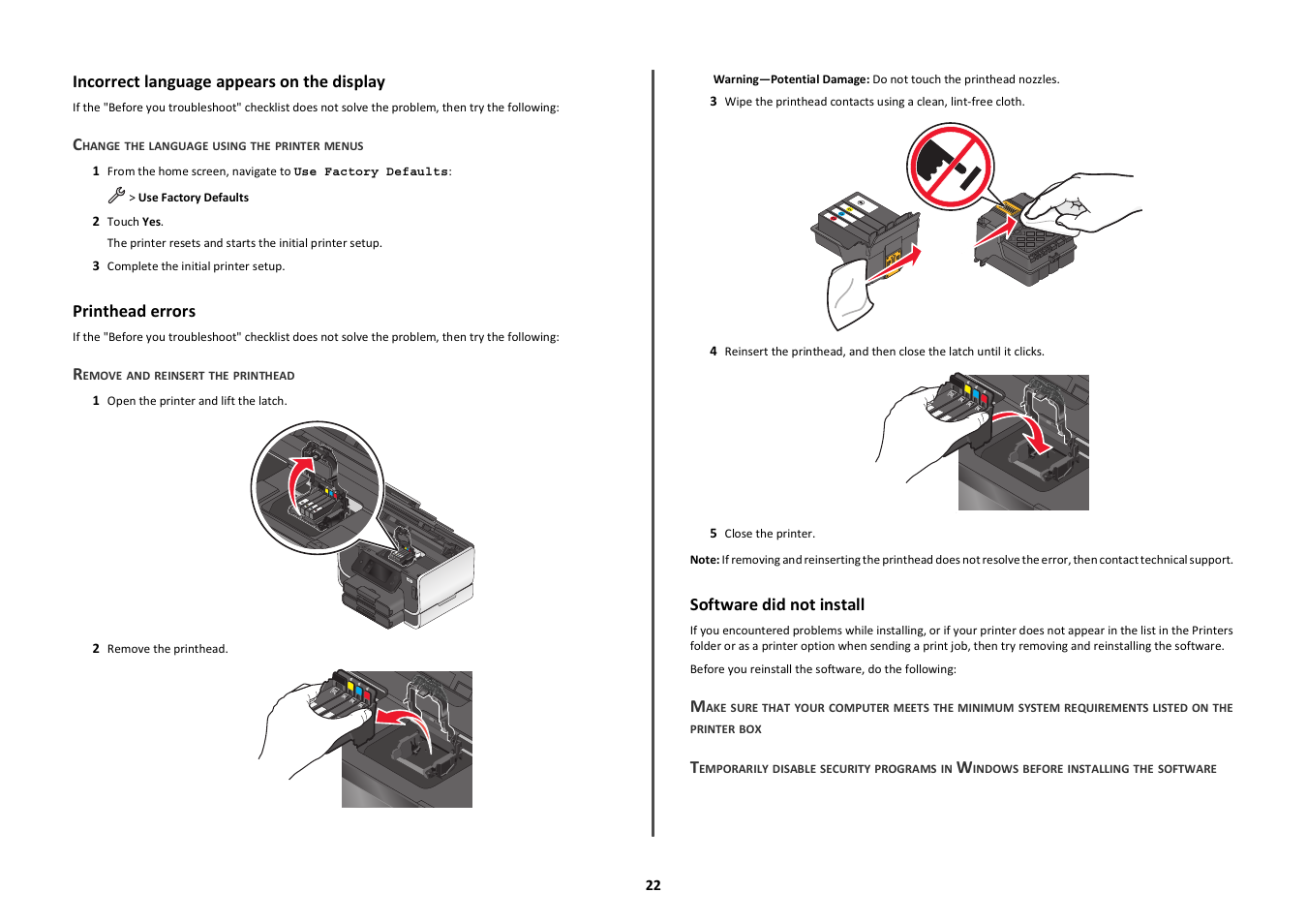 Incorrect language appears on the display, Printhead errors, Software did not install | Lexmark Platinum Pro900 User Manual | Page 22 / 27