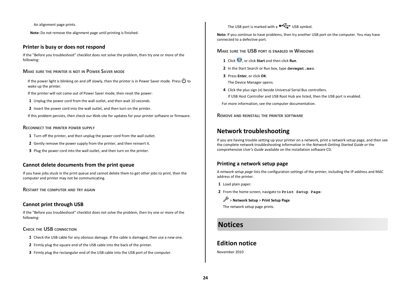 Printer is busy or does not respond, Cannot delete documents from the print queue, Cannot print through usb | Network troubleshooting, Notices, Edition notice | Lexmark Platinum Pro900 User Manual | Page 24 / 27