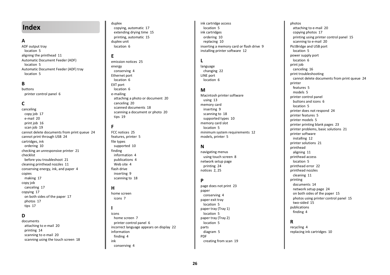 Index | Lexmark Platinum Pro900 User Manual | Page 26 / 27