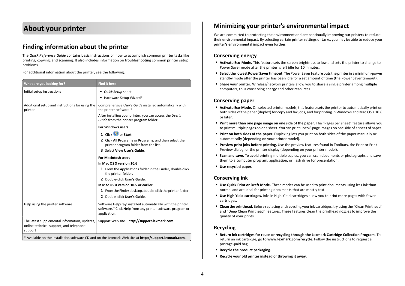 About your printer, Finding information about the printer, Minimizing your printer's environmental impact | Conserving energy, Conserving paper, Conserving ink, Recycling | Lexmark Platinum Pro900 User Manual | Page 4 / 27