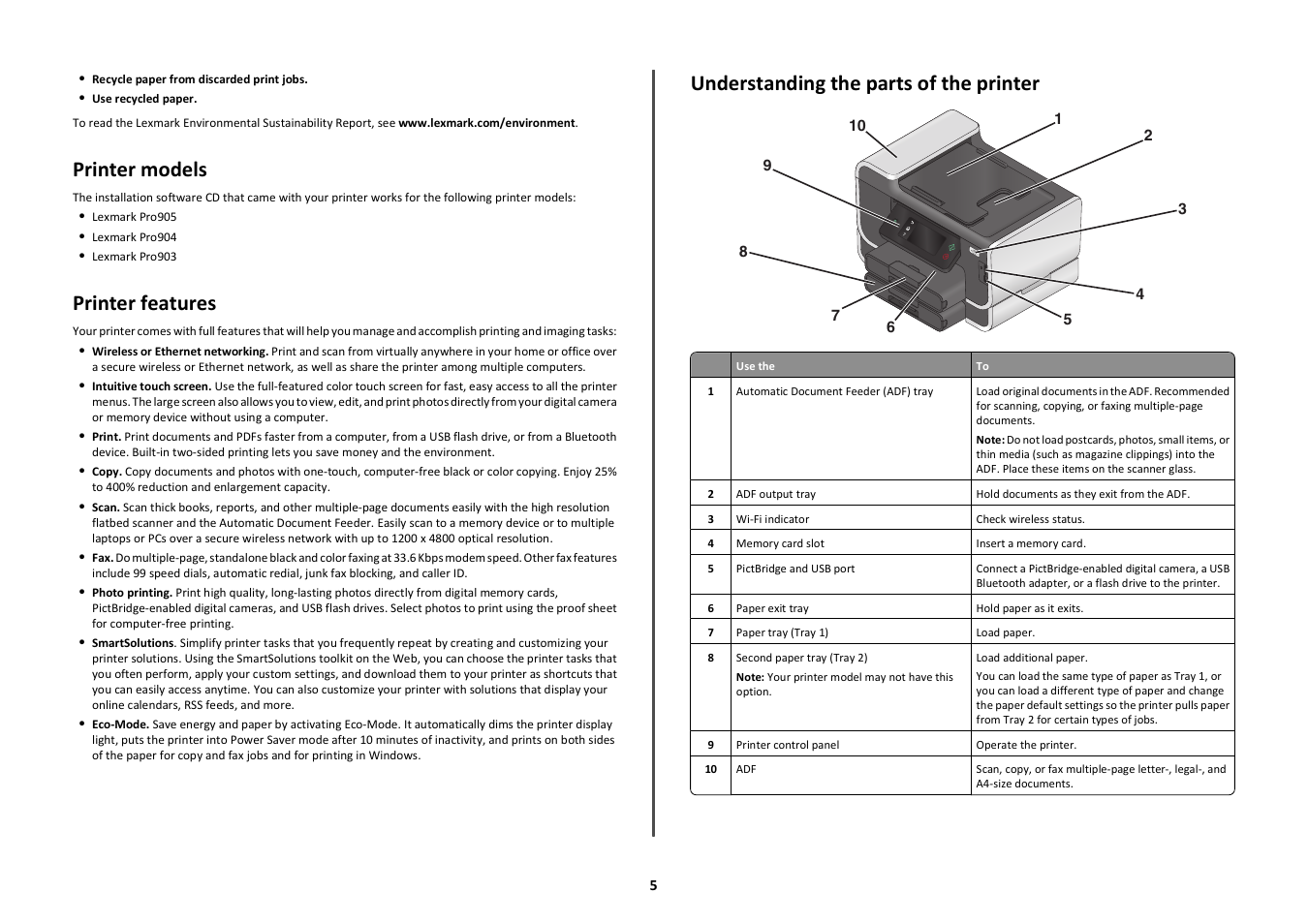 Printer models, Printer features, Understanding the parts of the printer | Lexmark Platinum Pro900 User Manual | Page 5 / 27