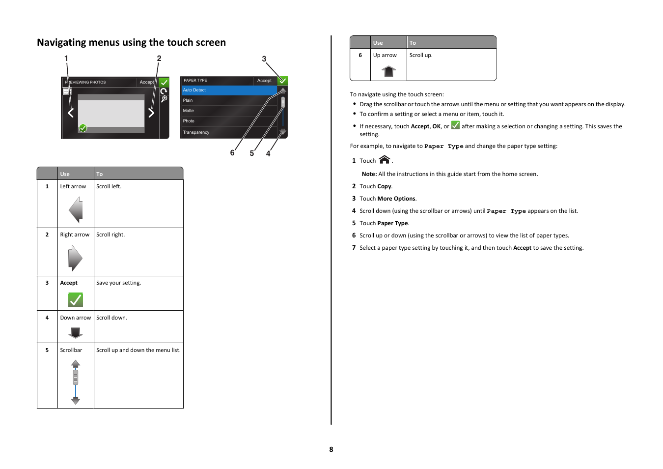 Navigating menus using the touch screen | Lexmark Platinum Pro900 User Manual | Page 8 / 27