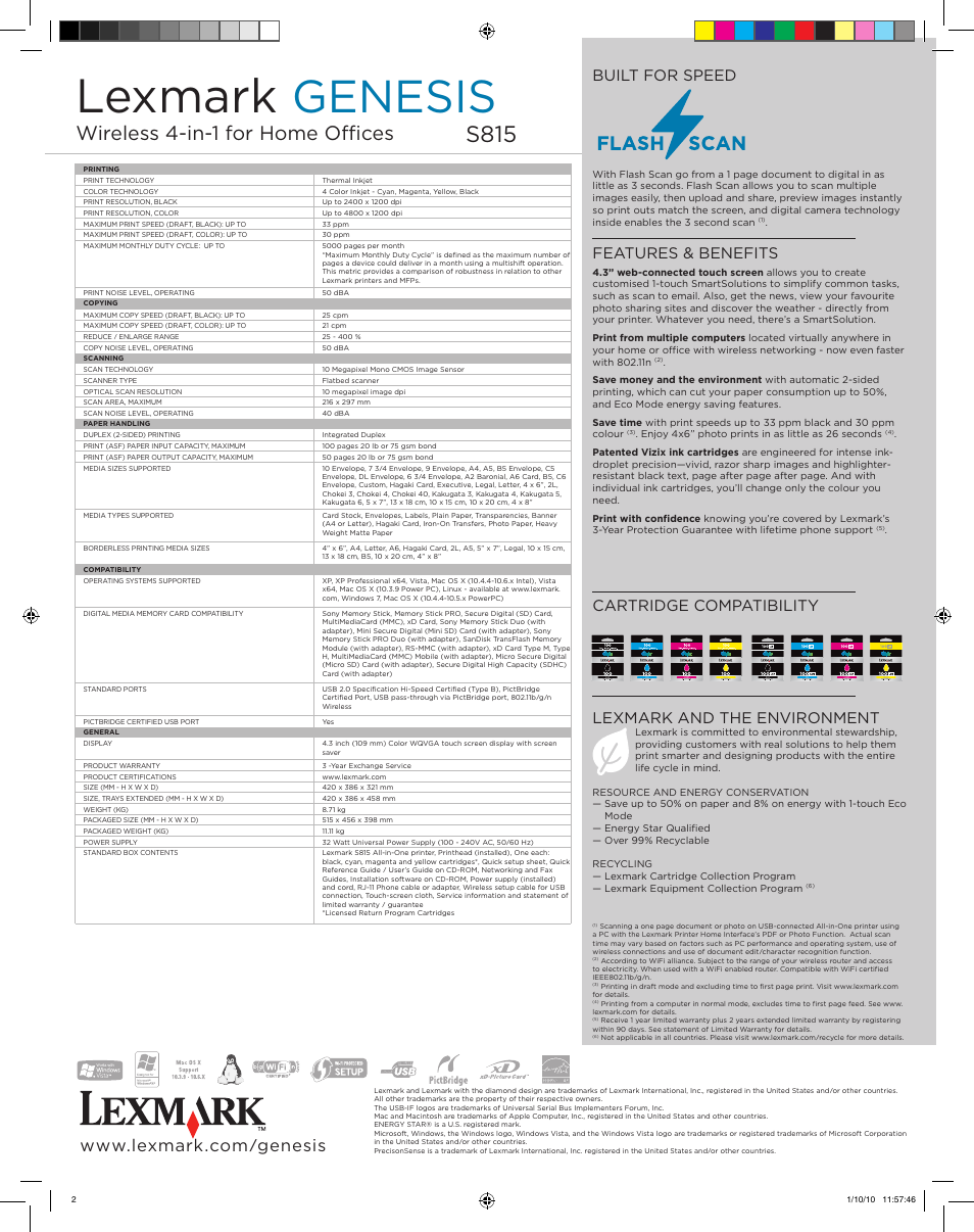 Lexmark, Genesis, S815 | Wireless 4-in-1 for home offices, Features & benefits, Lexmark and the environment, Built for speed, Cartridge compatibility | Lexmark GENESIS S815 User Manual | Page 2 / 2
