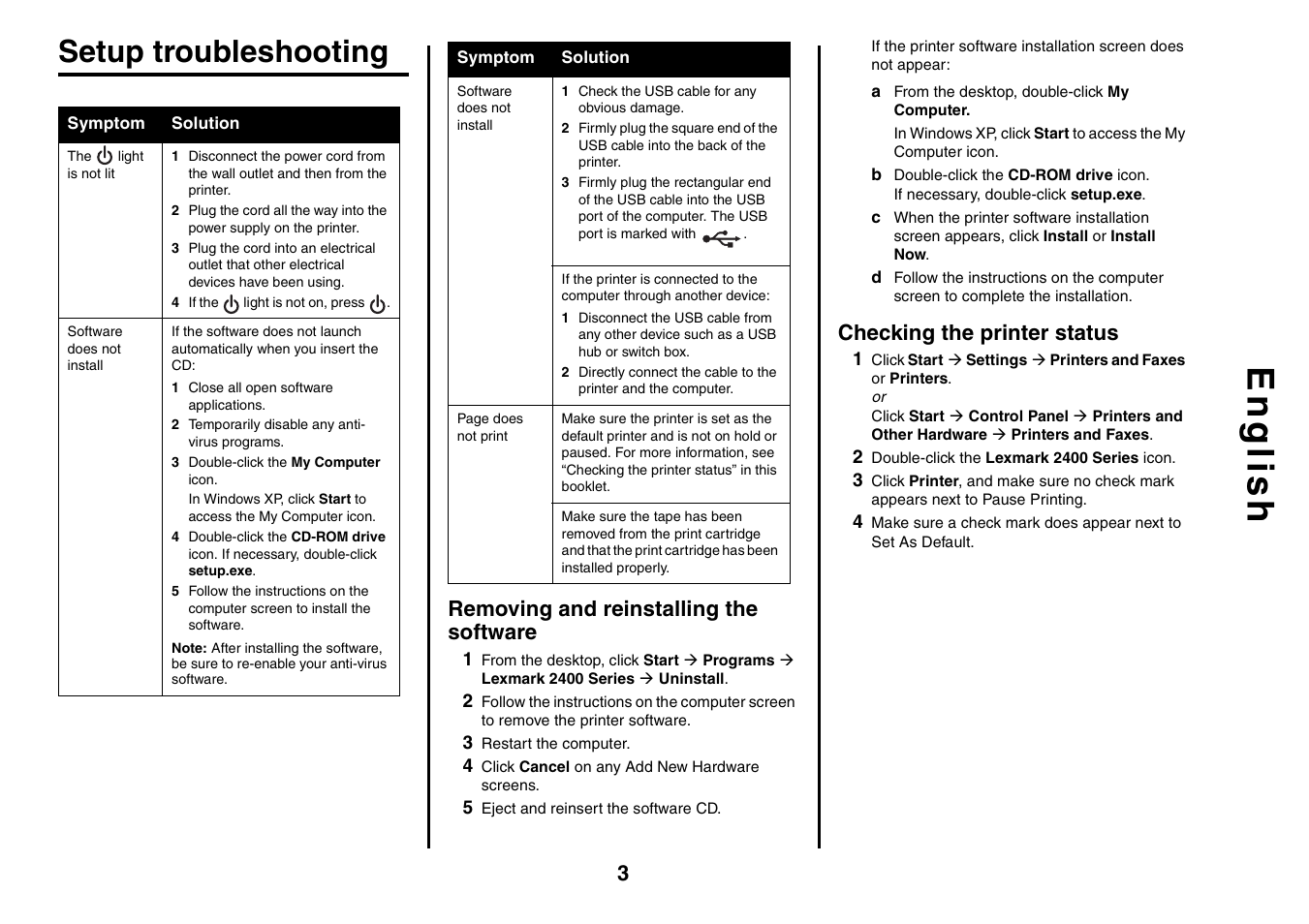 English, Setup troubleshooting, Removing and reinstalling the software | Checking the printer status | Lexmark 2400 Series User Manual | Page 3 / 9