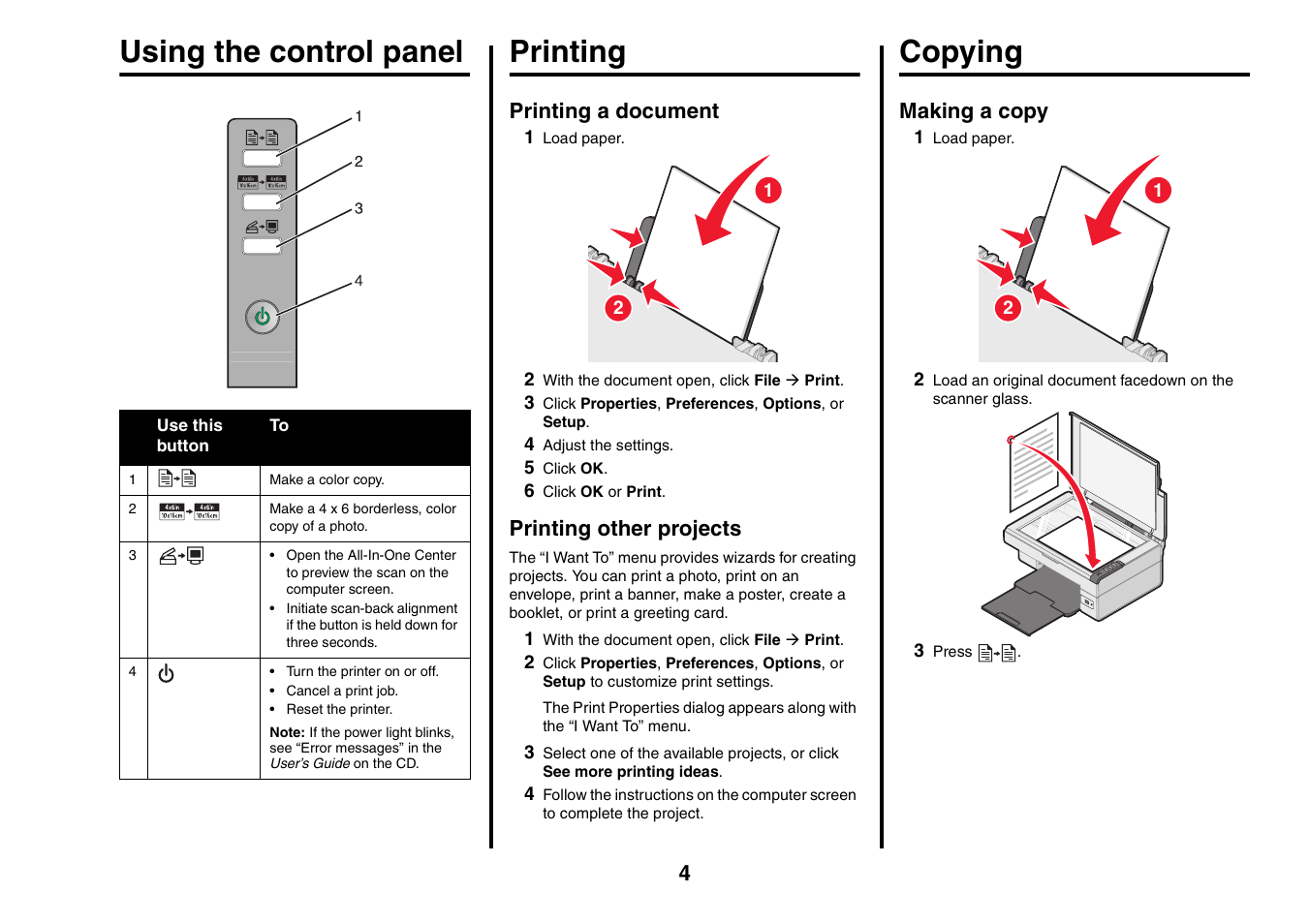 Using the control panel printing, Copying | Lexmark 2400 Series User Manual | Page 4 / 9