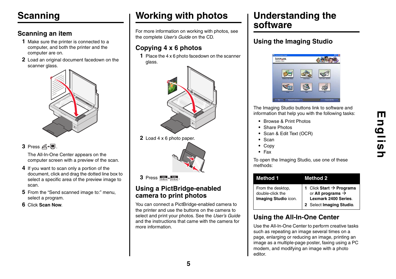 English, Scanning, Working with photos | Understanding the software | Lexmark 2400 Series User Manual | Page 5 / 9