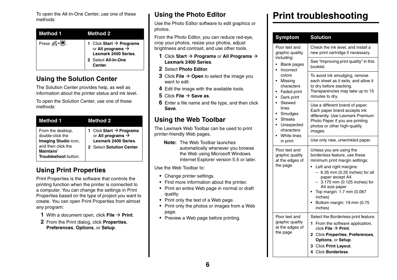 Print troubleshooting, Using the solution center, Using print properties | Using the photo editor, Using the web toolbar | Lexmark 2400 Series User Manual | Page 6 / 9