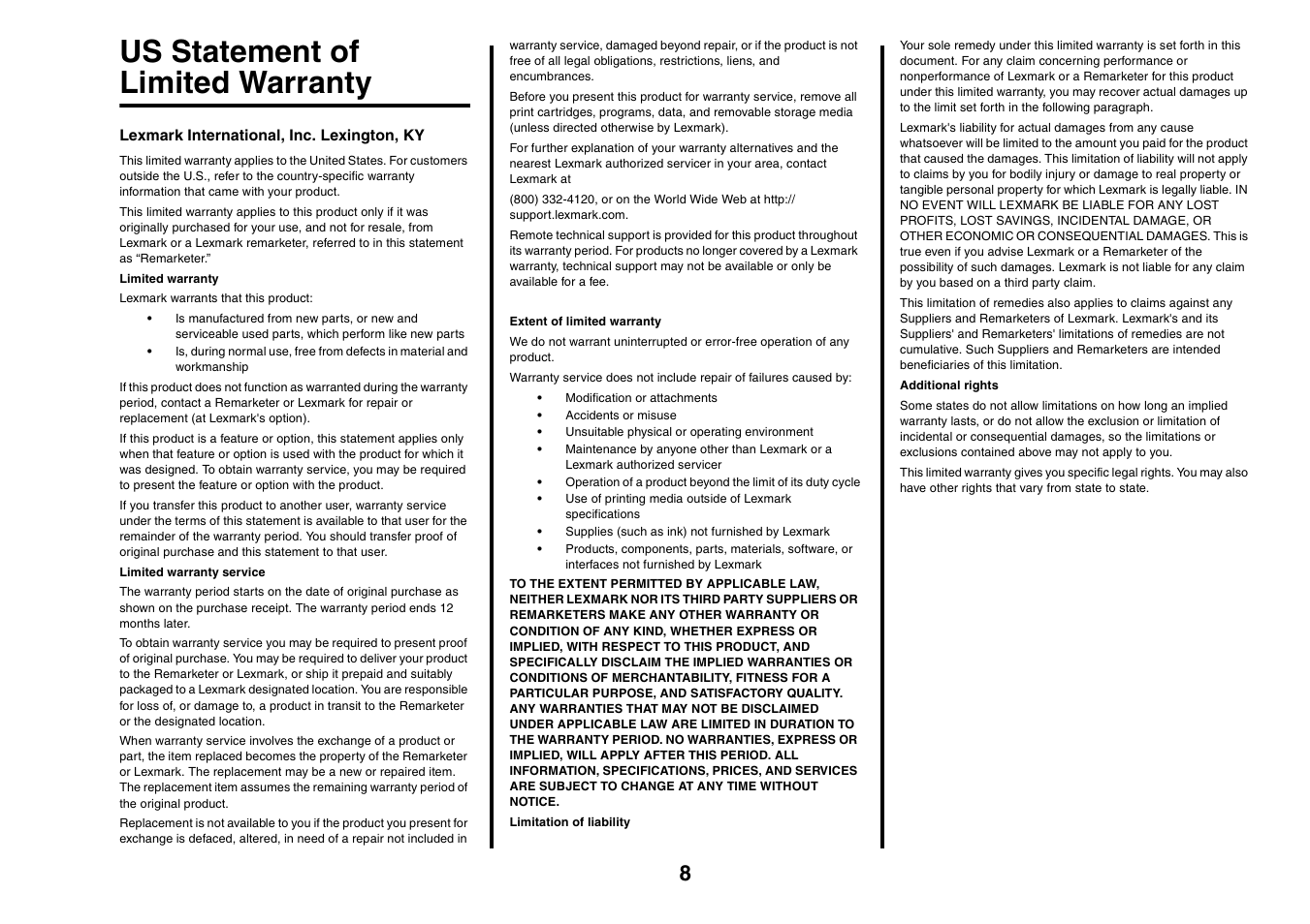 Us statement of limited warranty | Lexmark 2400 Series User Manual | Page 8 / 9