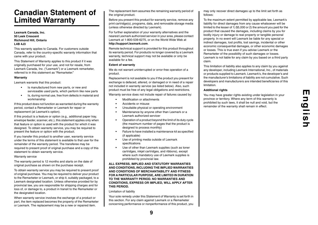 English, Canadian statement of limited warranty | Lexmark 2400 Series User Manual | Page 9 / 9