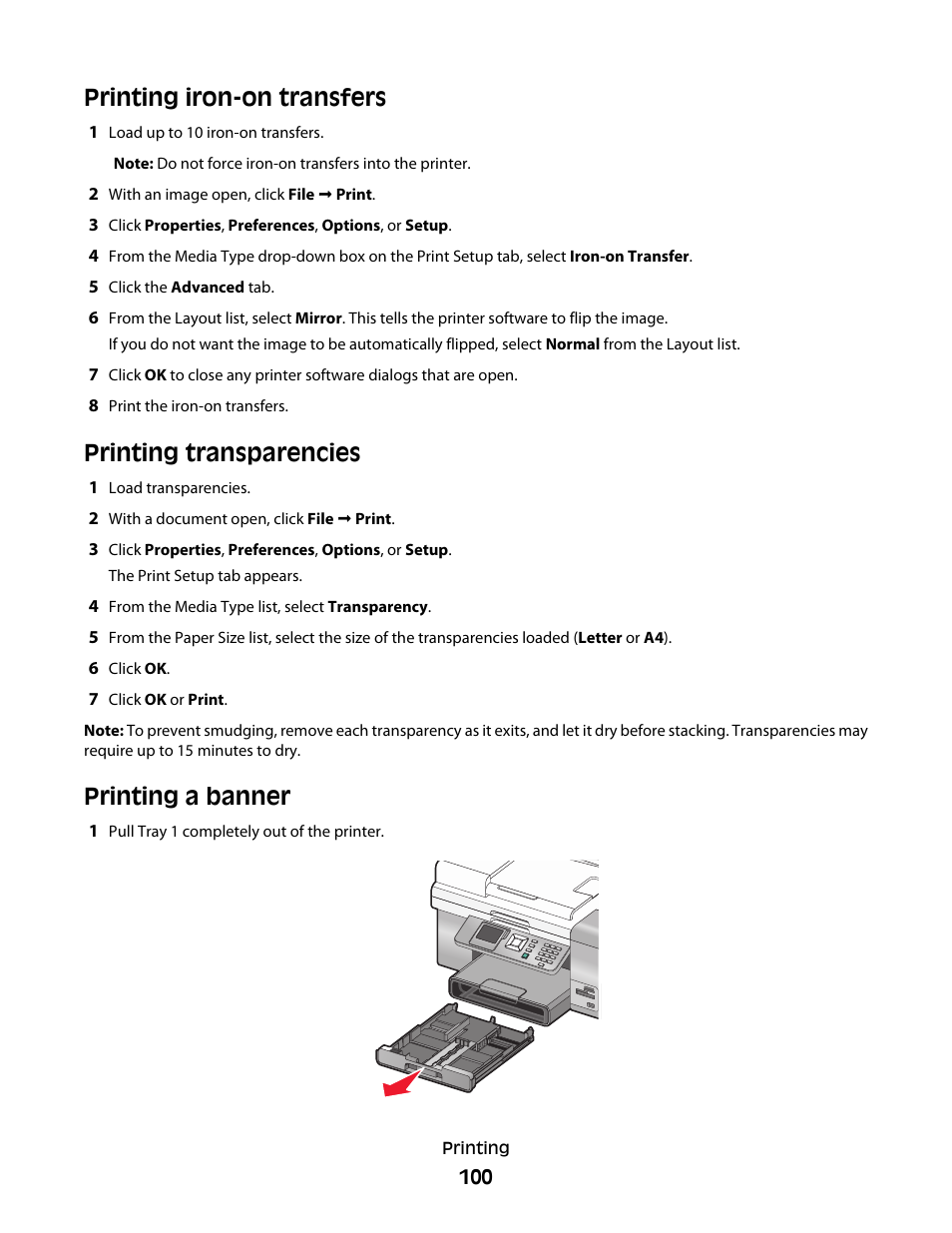 Printing iron-on transfers, Printing transparencies, Printing a banner | Printing transparencies printing a banner | Lexmark 9500 Series User Manual | Page 100 / 290