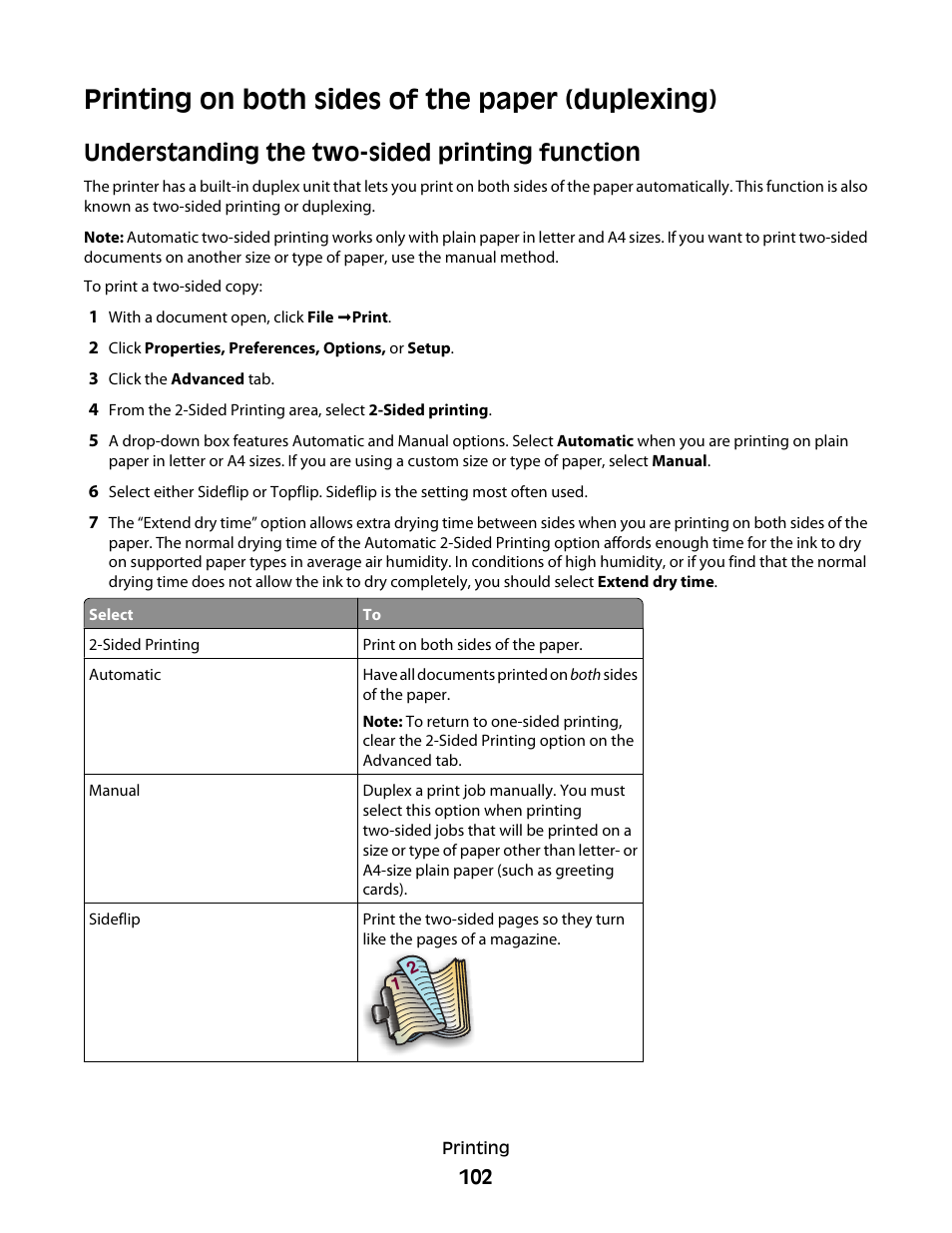 Printing on both sides of the paper (duplexing), Understanding the two-sided printing function | Lexmark 9500 Series User Manual | Page 102 / 290