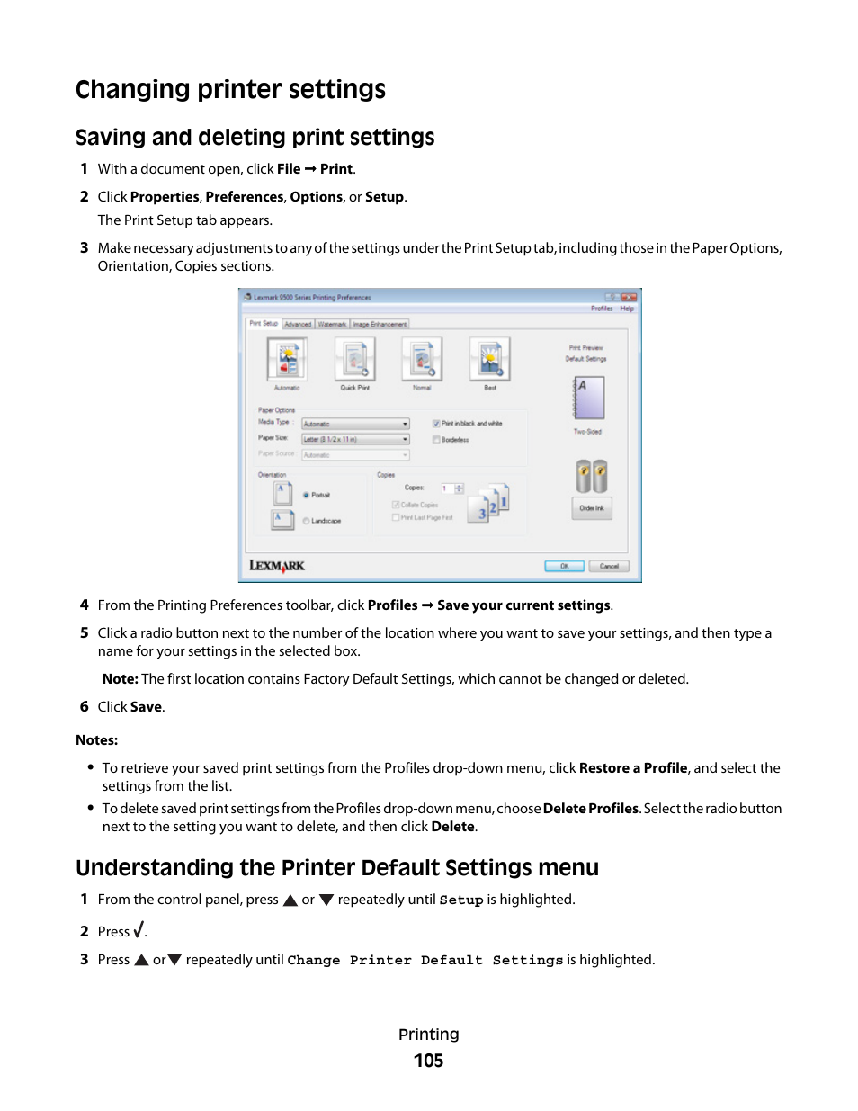 Changing printer settings, Saving and deleting print settings, Understanding the printer default settings menu | Lexmark 9500 Series User Manual | Page 105 / 290