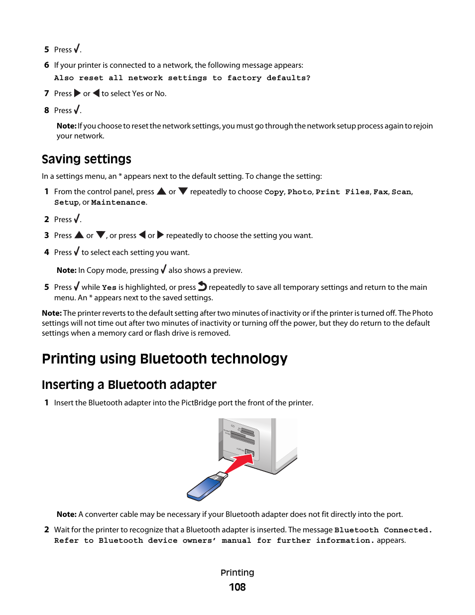 Saving settings, Printing using bluetooth technology, Inserting a bluetooth adapter | Lexmark 9500 Series User Manual | Page 108 / 290