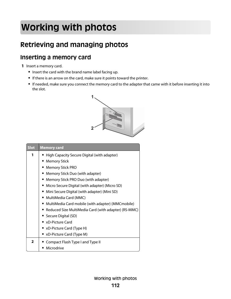 Working with photos, Retrieving and managing photos, Inserting a memory card | Lexmark 9500 Series User Manual | Page 112 / 290