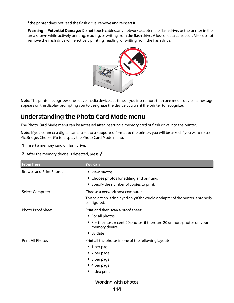 Understanding the photo card mode menu | Lexmark 9500 Series User Manual | Page 114 / 290