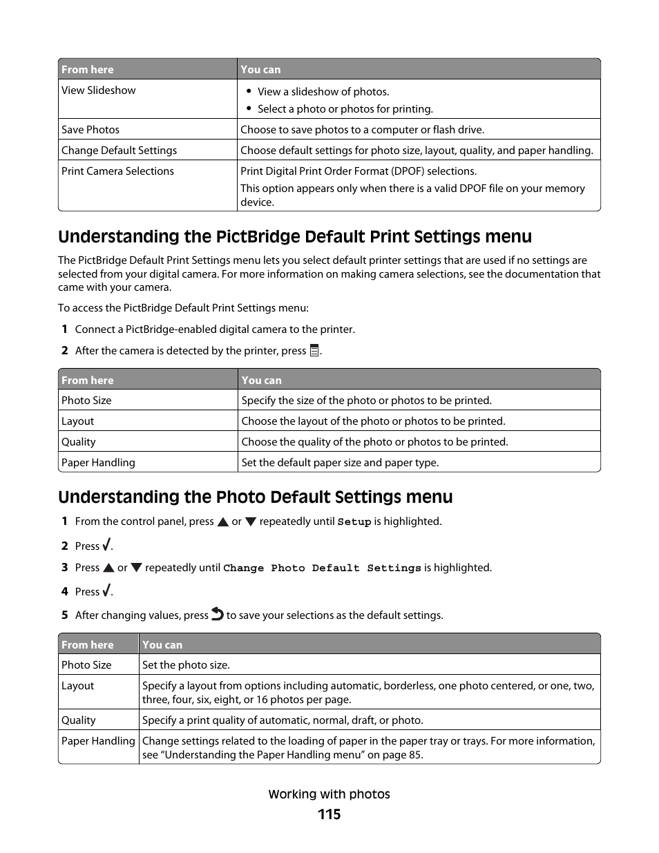 Understanding the photo default settings menu | Lexmark 9500 Series User Manual | Page 115 / 290