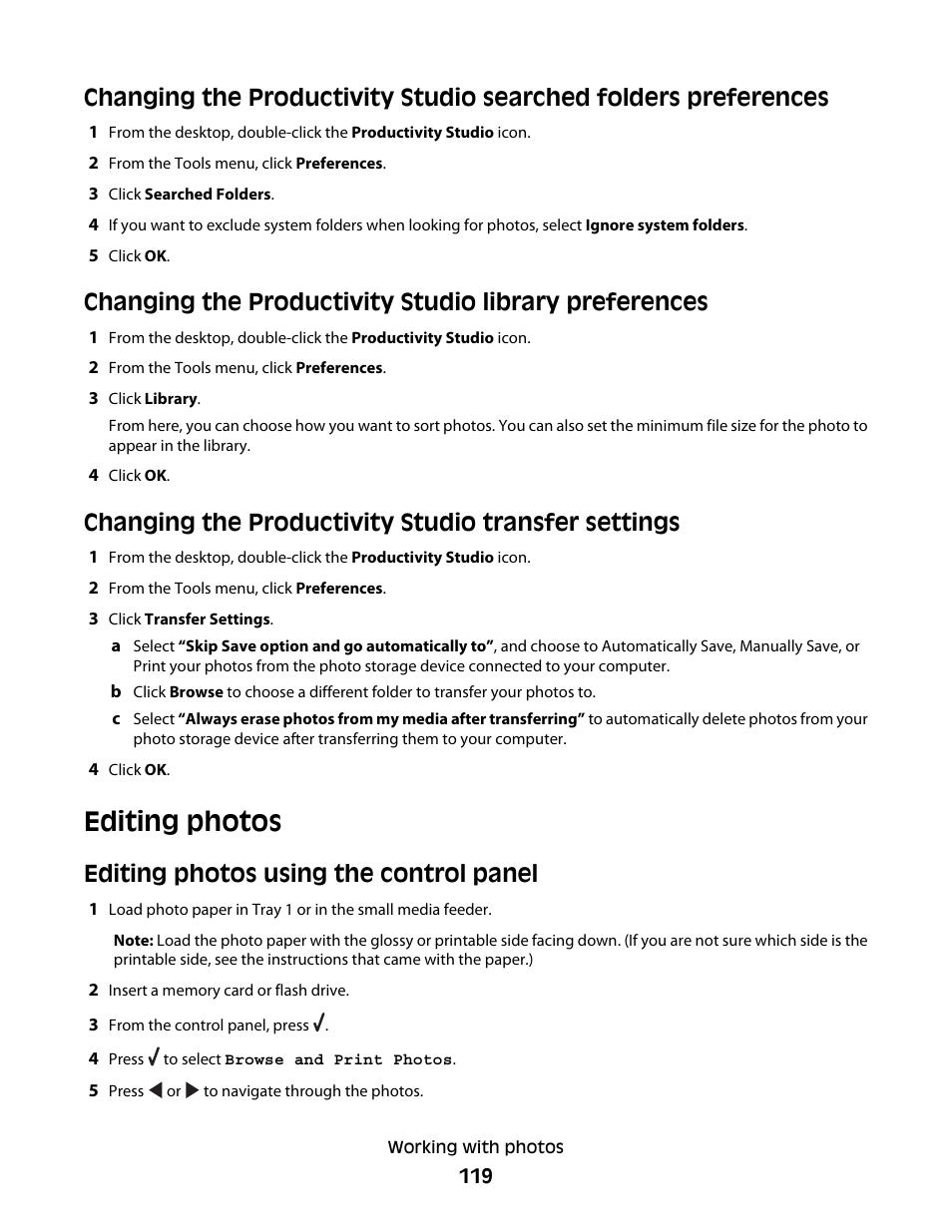 Changing the productivity studio transfer settings, Editing photos, Editing photos using the control panel | Lexmark 9500 Series User Manual | Page 119 / 290