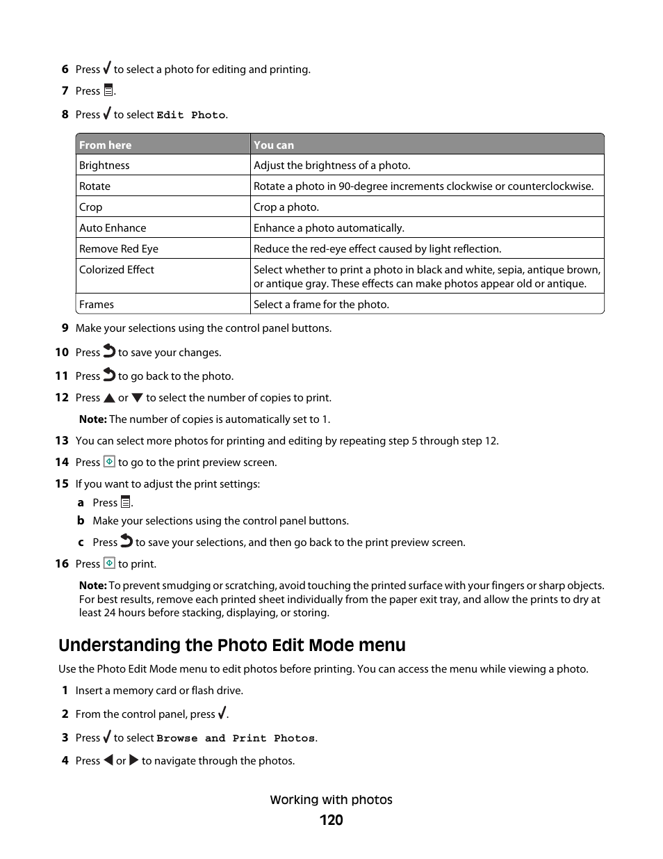 Understanding the photo edit mode menu | Lexmark 9500 Series User Manual | Page 120 / 290
